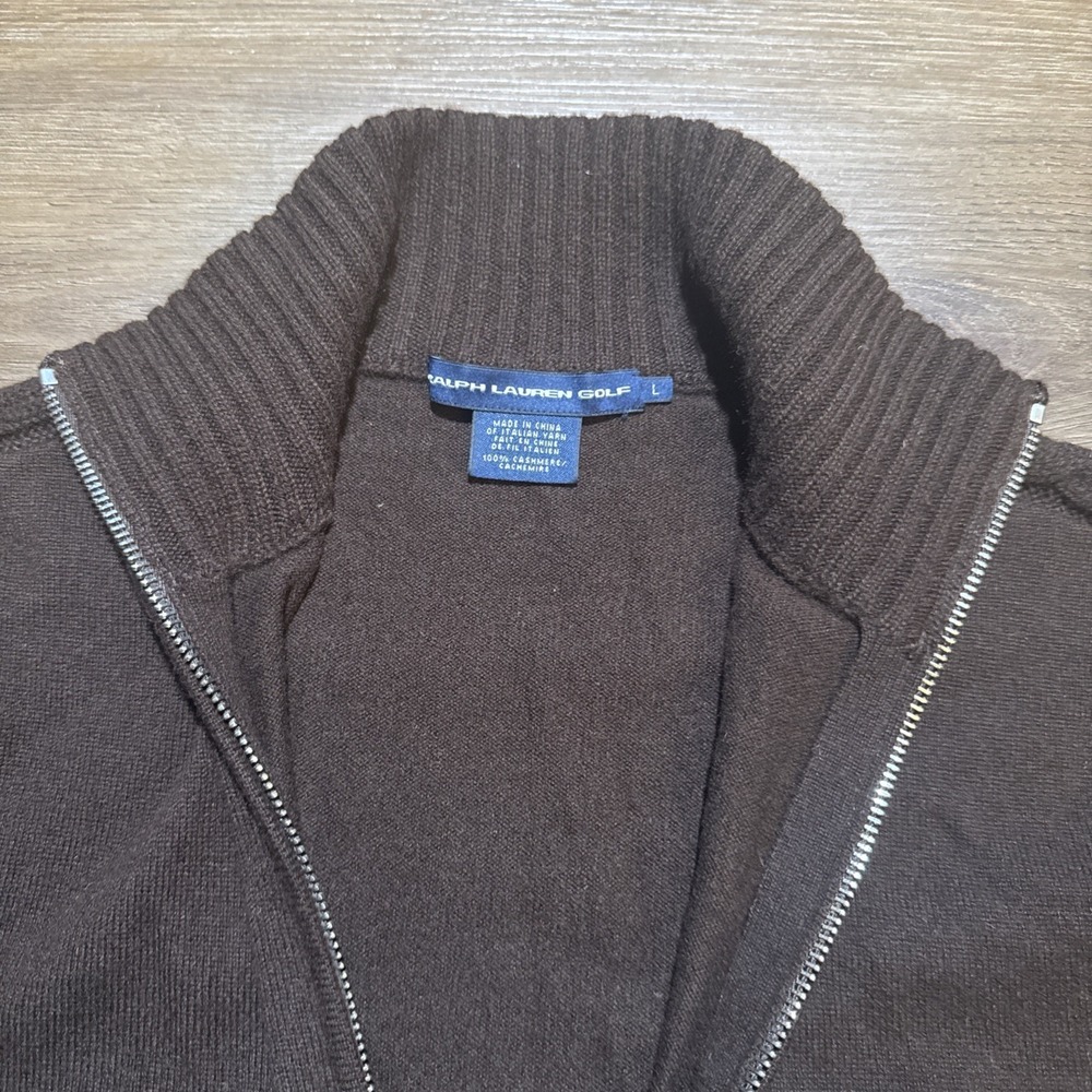Ralph Lauren Golf Women's LARGE 100% Cashmere Full Zip Sweater Brown Cable Knit - Picture 8 of 14